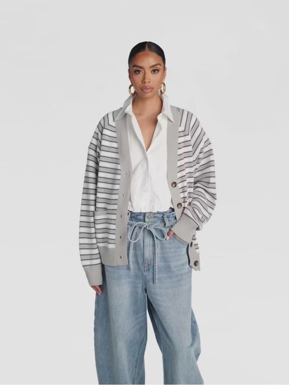 KBB by KAHLANA Women's The Grandpa Cardi Sweater Grey Striped L NWT